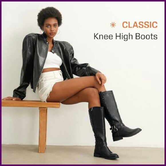 Women's Knee High Riding Boots Low Heel Wide Calf Vegan Leather - Picture 4 of 8